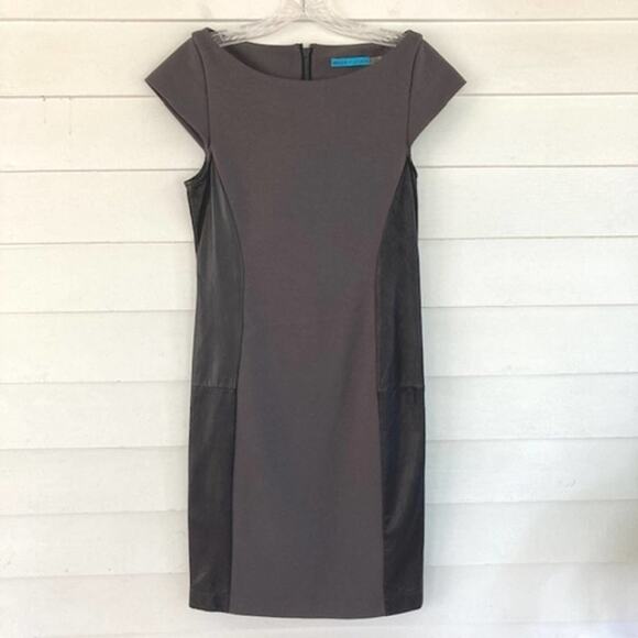 Alice + Olivia Eva Gray Ponte Silk & Black Leather Cap Sleeve Moto Mini Dress M - Picture 2 of 14